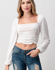 Shirred Puff Sleeve Crop Top — Textured Semi-Sheer Blouse