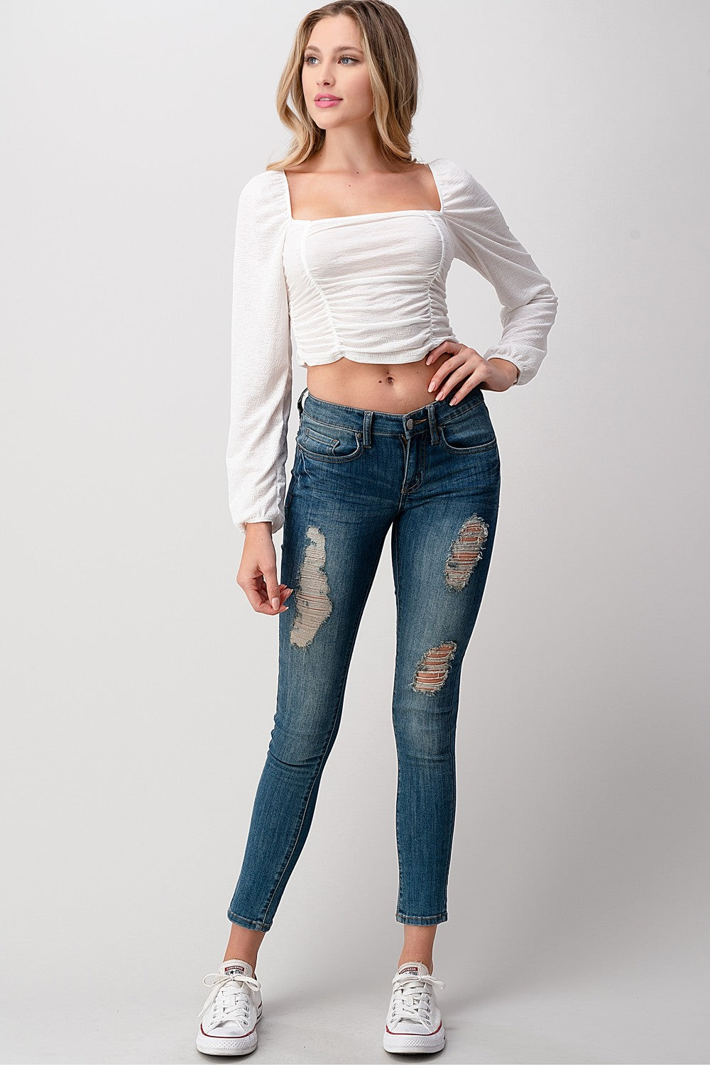 Shirred Puff Sleeve Crop Top — Textured Semi-Sheer Blouse