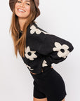 Le Lis Long Sleeve Crop Sweater with Daisy Pattern