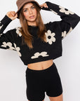 Le Lis Long Sleeve Crop Sweater with Daisy Pattern