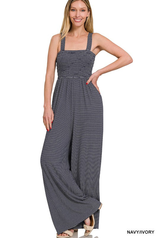 Zenana Smocked Striped Jumpsuit - Online Only