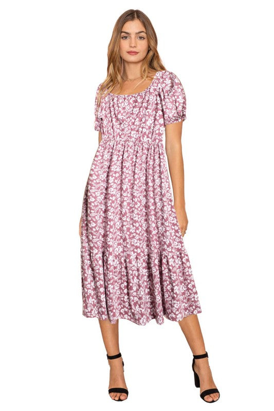 PLUS Paisley Floral Square Neck Puff Sleeve Boho Dress