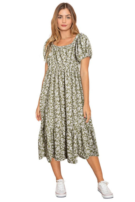 PLUS Paisley Floral Square Neck Puff Sleeve Boho Dress