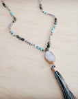 Long Amazonite Necklace with Genuine White Druzy Pendant