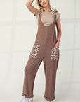 Celeste Full Size Ribbed Leopard Tied Shoulder Overalls