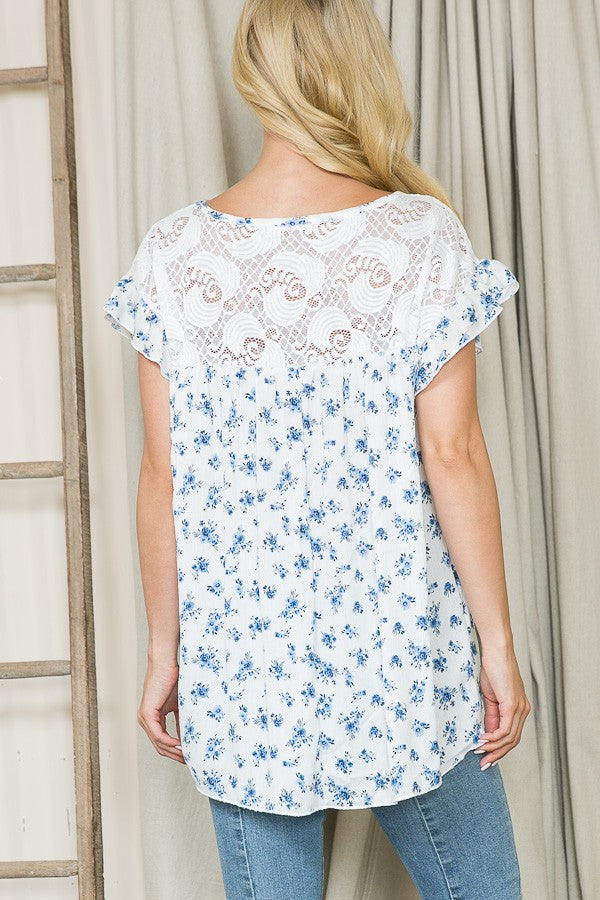 Ditsy Floral Ruffle Sleeve Blouse — Lace Contrast Cottagecore Top