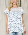 Ditsy Floral Ruffle Sleeve Blouse — Lace Contrast Cottagecore Top