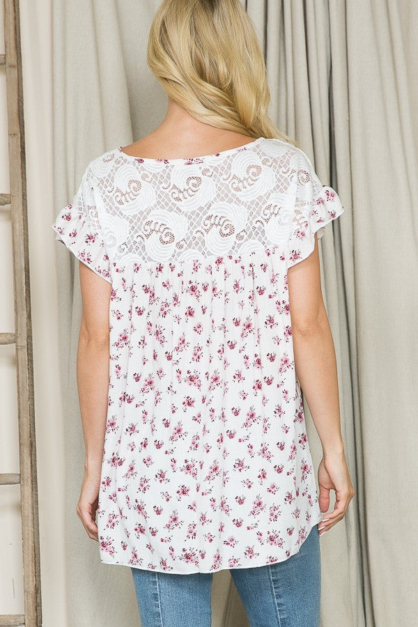 Ditsy Floral Ruffle Sleeve Blouse — Lace Contrast Cottagecore Top