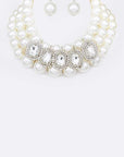 Crystal Baguette Stone Layer Pearl Collar Necklace