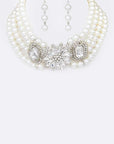 Crystal Flower Layer Pearl Choker Necklace Set