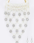 Crystal Accent Pearl Choker Statement Necklace Set