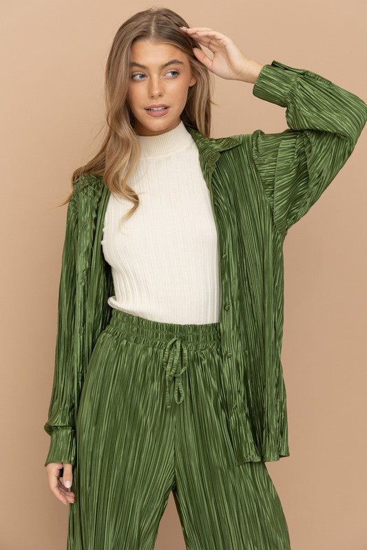 Blue B Pleated Blouse Brown or Olive Pants Set - Online Only