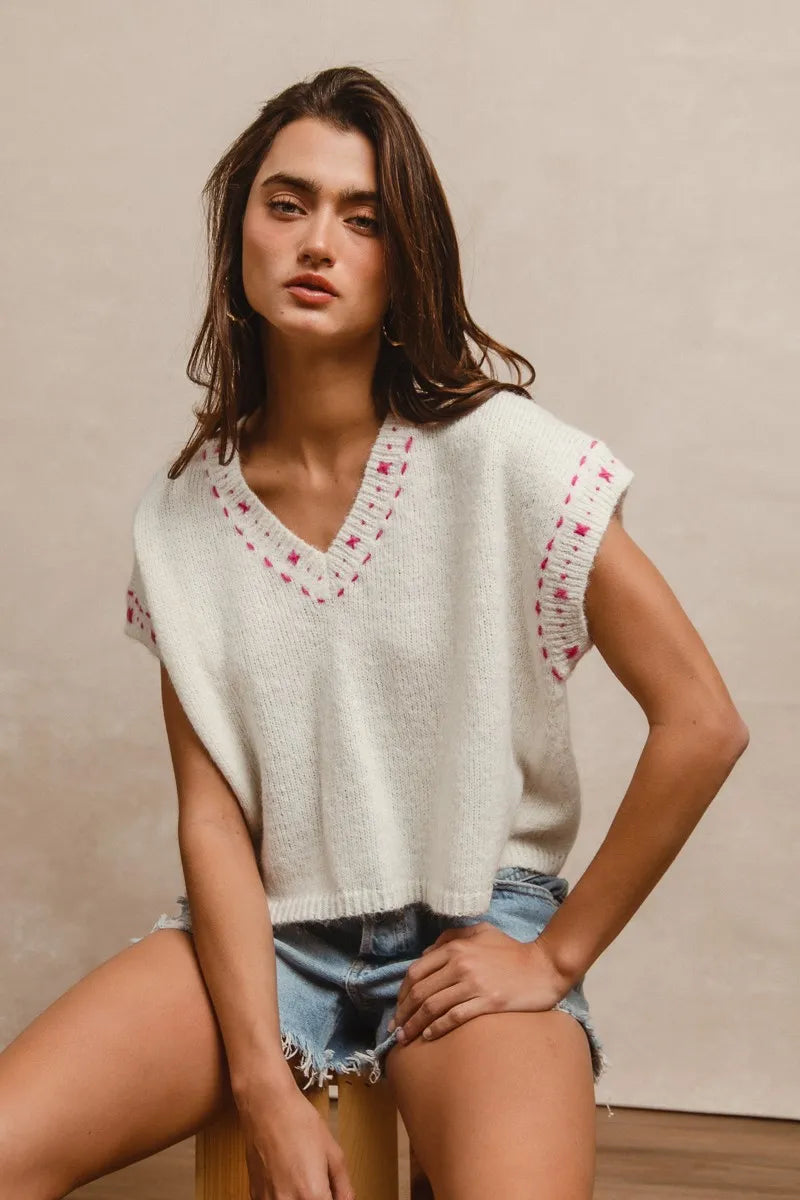 BiBi Knit Solid Contrast Stitch Detail Short Sleeves Sweater