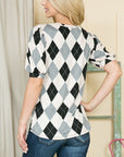 Argyle Print Puff Sleeve Knit Jersey Top