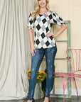 Argyle Print Puff Sleeve Knit Jersey Top