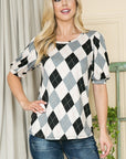 Argyle Print Puff Sleeve Knit Jersey Top