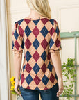 Argyle Print Puff Sleeve Knit Jersey Top