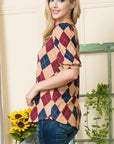 Argyle Print Puff Sleeve Knit Jersey Top