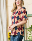 Argyle Print Puff Sleeve Knit Jersey Top