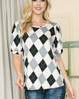 Argyle Print Puff Sleeve Knit Jersey Top