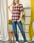 Argyle Print Puff Sleeve Knit Jersey Top