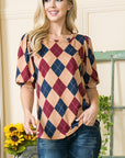 Argyle Print Puff Sleeve Knit Jersey Top