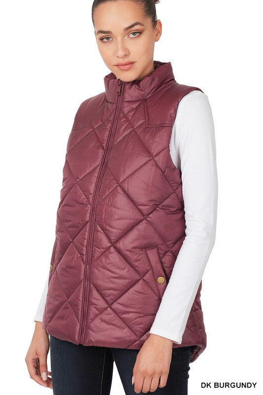 Zenana Diamond Quilted Zip Front Vest - Online Only – My