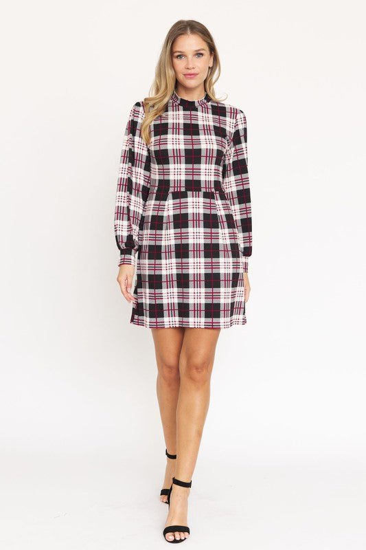 High Neck Plaid Sheath Dress