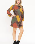 Bishop Sleeve Multi Patch Pattern Mini Dress