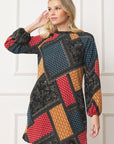 Bishop Sleeve Multi Patch Pattern Mini Dress