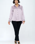 Renee C. Stretch Satin V neck Blouse with Collar