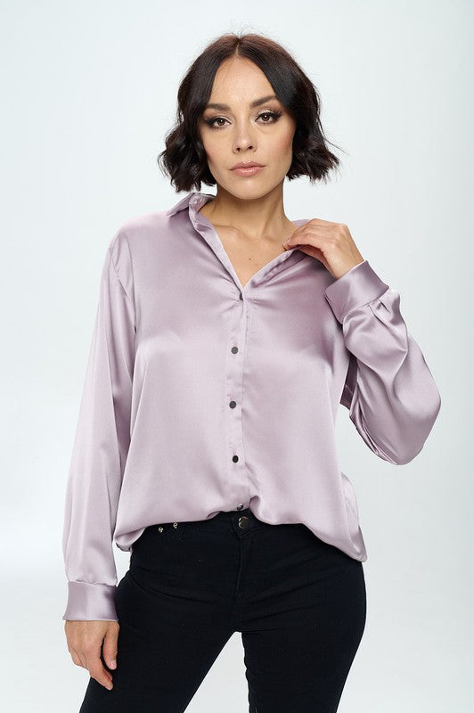 Renee C. Stretch Satin V neck Blouse with Collar