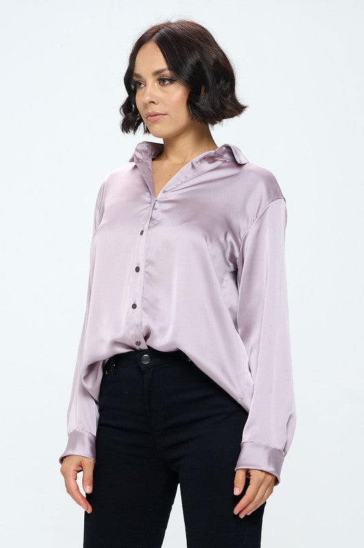 Renee C. Stretch Satin V neck Blouse with Collar