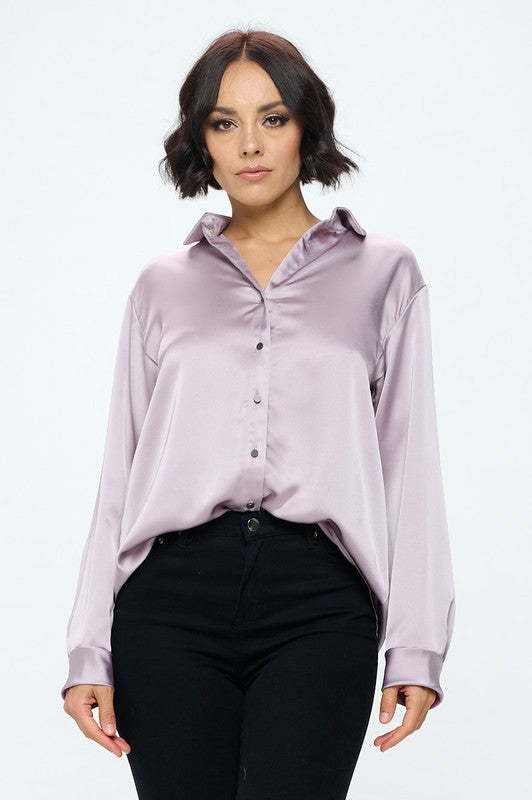 Renee C. Stretch Satin V neck Blouse with Collar