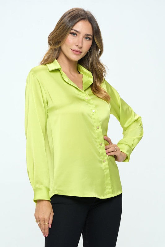 Renee C. Stretch Satin V neck Blouse with Collar