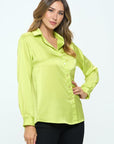 Renee C. Stretch Satin V neck Blouse with Collar