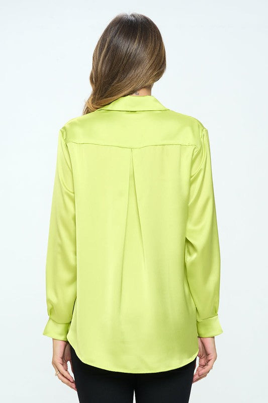 Renee C. Stretch Satin V neck Blouse with Collar