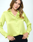 Renee C. Stretch Satin V neck Blouse with Collar