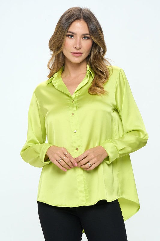 Renee C. Stretch Satin V neck Blouse with Collar