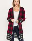 Long Buffalo Plaid Stripe Trim Open Cardigan