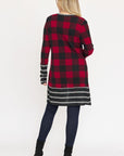 Long Buffalo Plaid Stripe Trim Open Cardigan