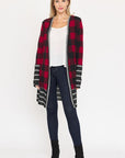 Long Buffalo Plaid Stripe Trim Open Cardigan