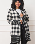 Long Buffalo Plaid Stripe Trim Open Cardigan