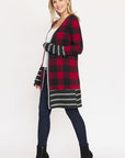 Long Buffalo Plaid Stripe Trim Open Cardigan