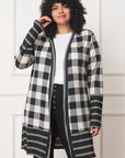 Long Buffalo Plaid Stripe Trim Open Cardigan