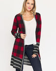 Long Buffalo Plaid Stripe Trim Open Cardigan