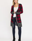 Long Buffalo Plaid Stripe Trim Open Cardigan