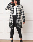 Long Buffalo Plaid Stripe Trim Open Cardigan