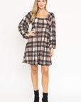 Plaid Balloon Sleeve Midi Dress