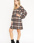 Plaid Balloon Sleeve Midi Dress